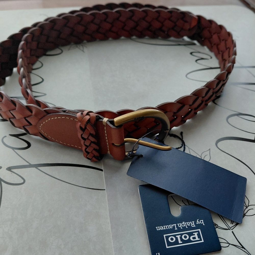 Polo by Ralph Lauren Braided Leather Belt - Chestnut Brown with Brass Buckle
